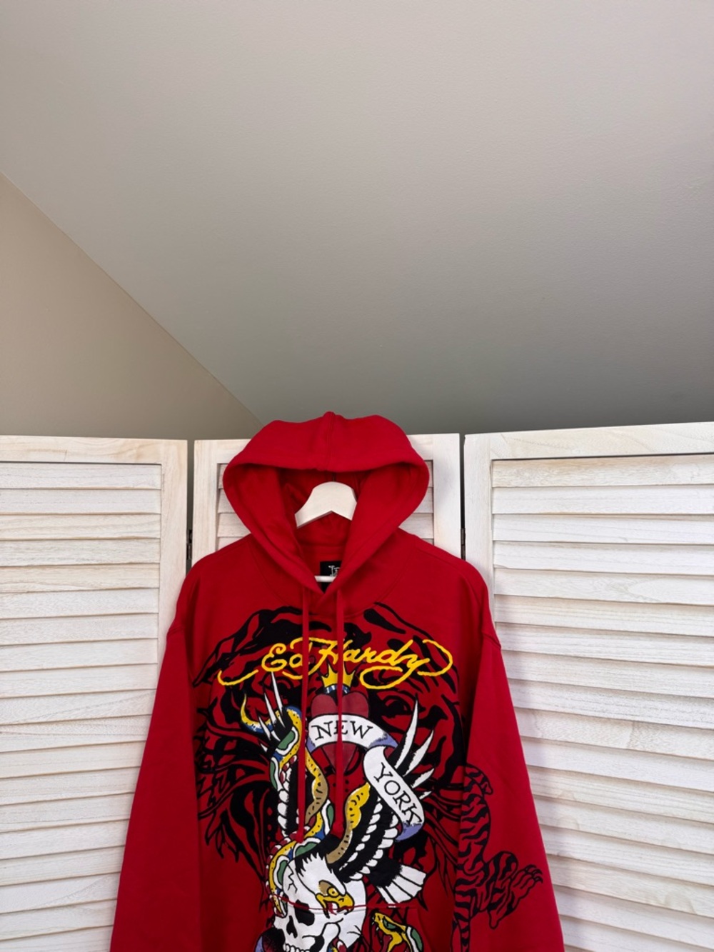Ed Hardy Red Graphic Crewneck Hoodie with Tattoo Skull Design